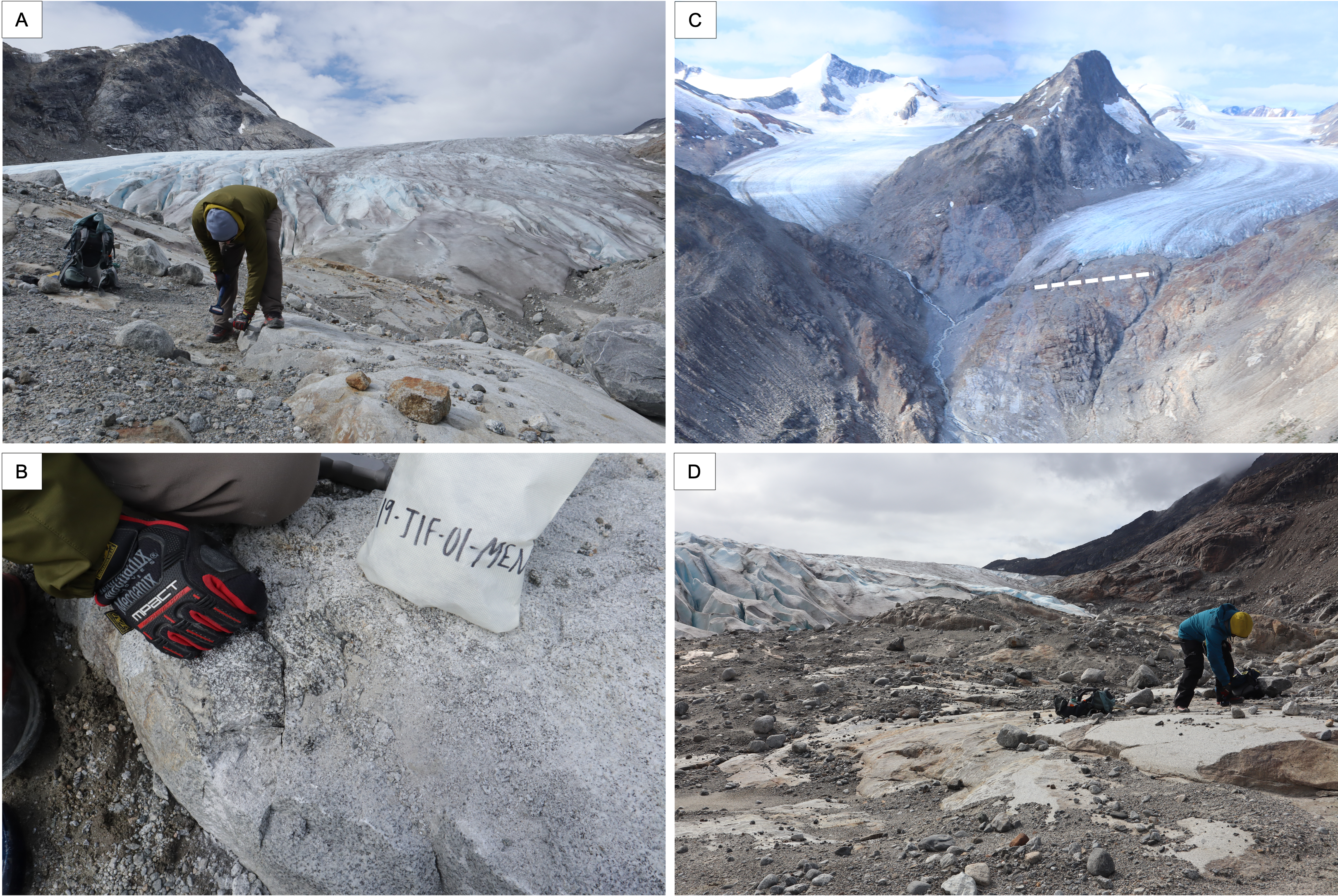 Fieldwork sampling bedrock near glaciers